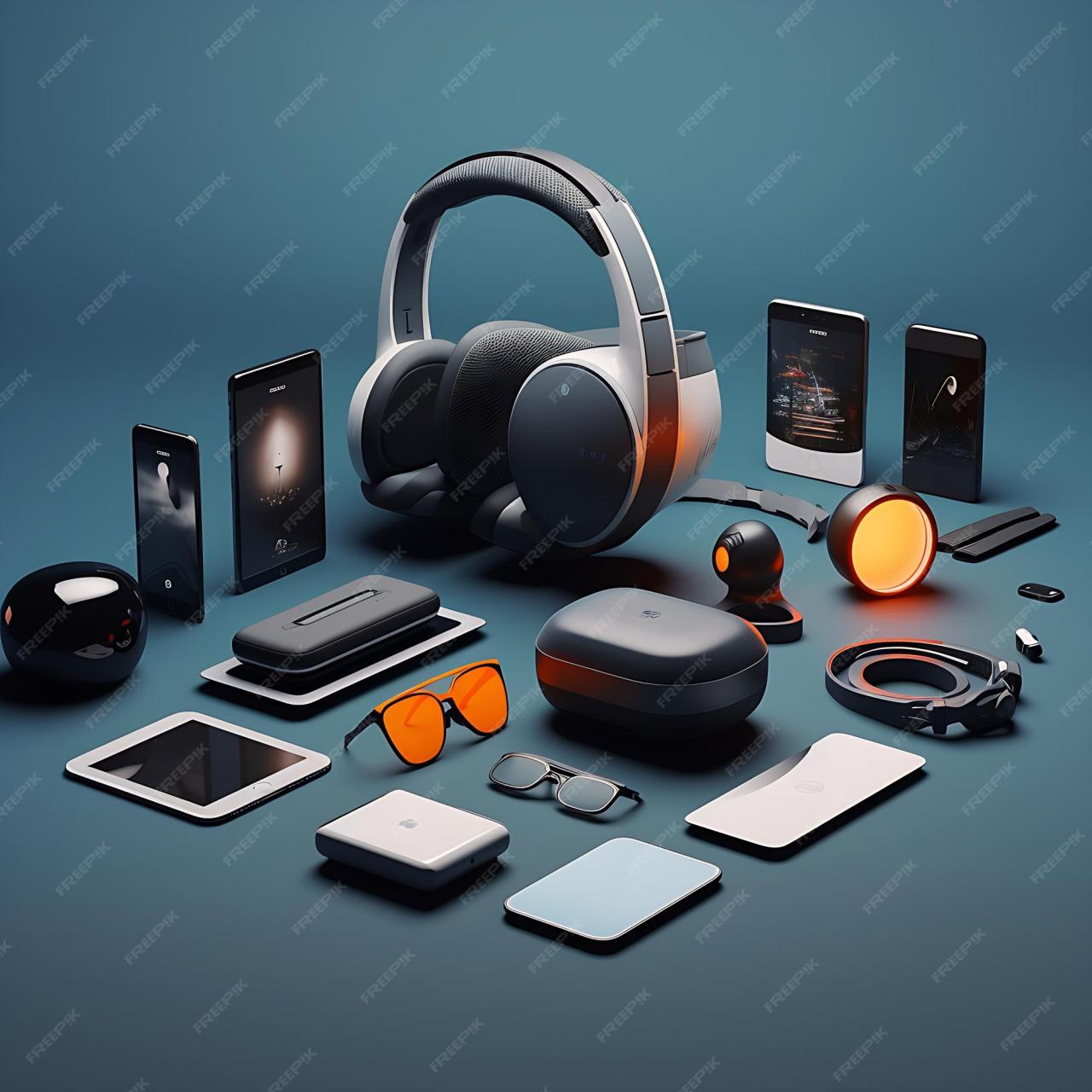 Futuristic Gadgets Showcase a lineup of sleek and modern technological ... Futuristic Gadgets Showcase a lineup of sleek and modern technological ...